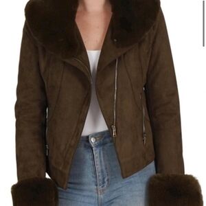 Army Green Love Token Faux Fur Trim Jacket Size Small